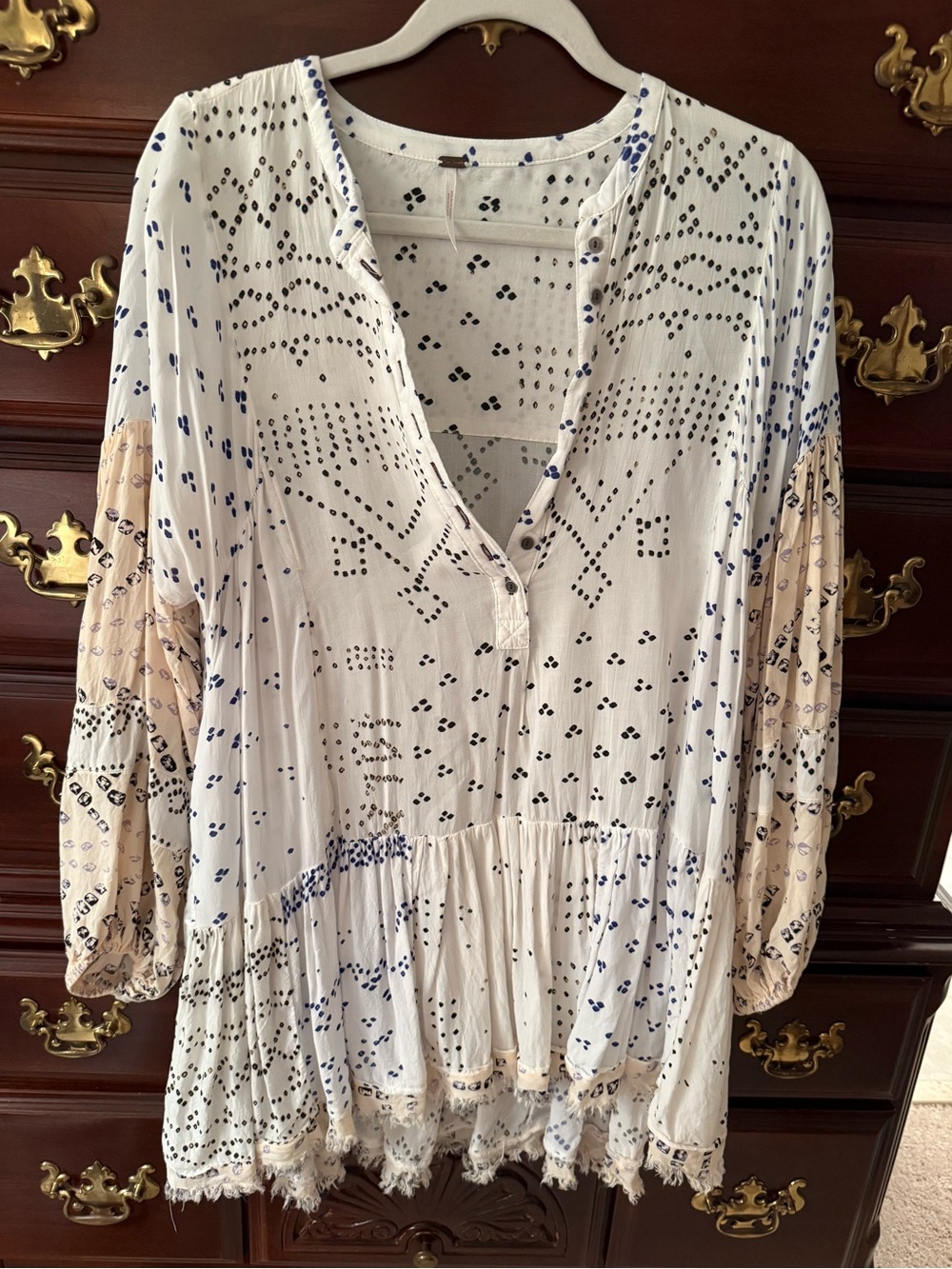 Free People Cream Tunic with Beige Sleeves and Navy Dot Print